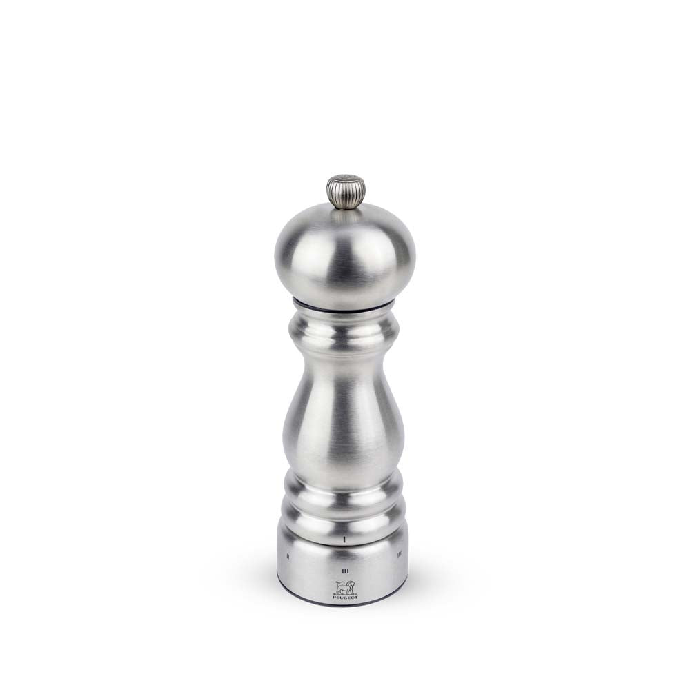 Peugeot Paris brand stainless 7 inch salt mill on white background