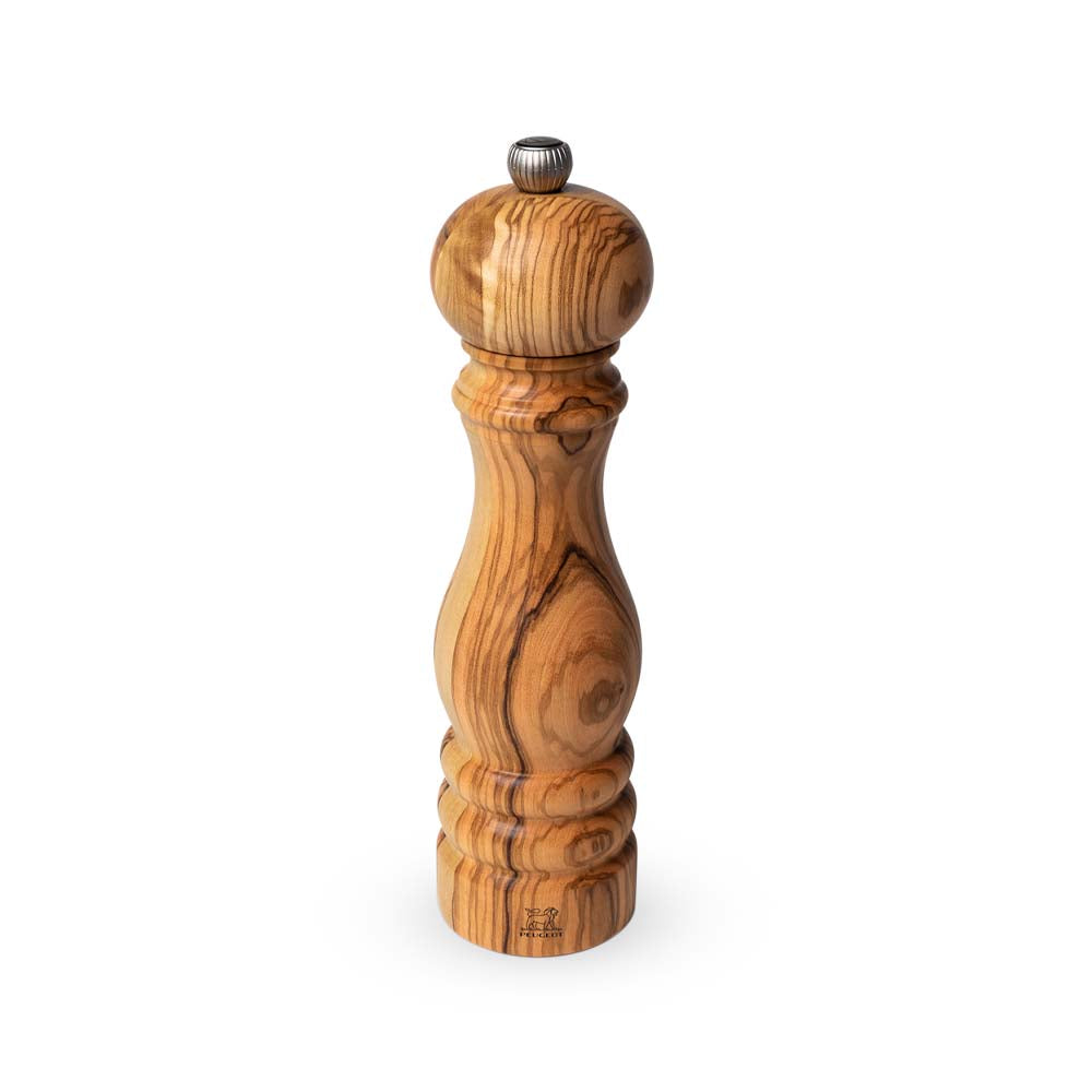Peugeot brand olive wood 22cm pepper mill on a white background