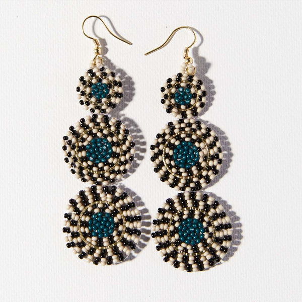 INK + ALLOY Peacock Black White Triple Disc Earring on a white background