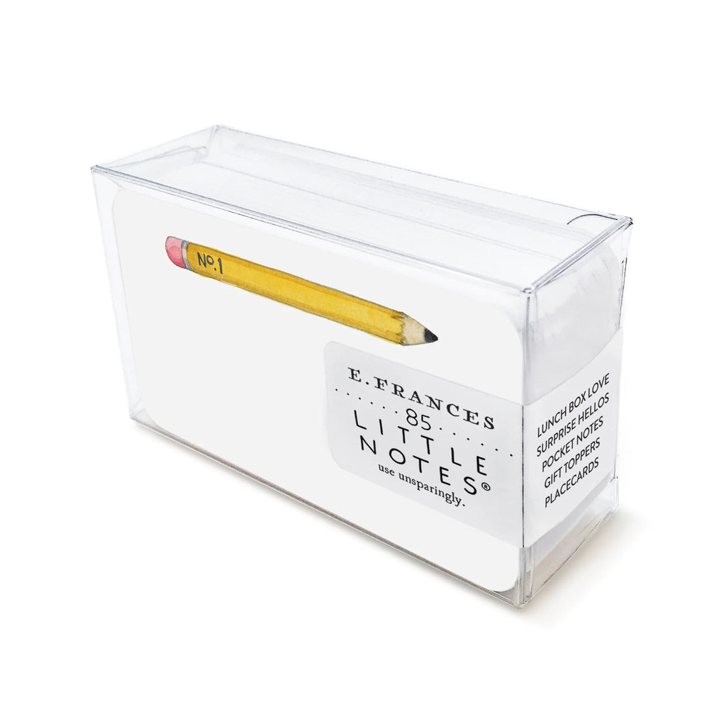 E francés brand little note cards with yellow pencil in clear box on a white background