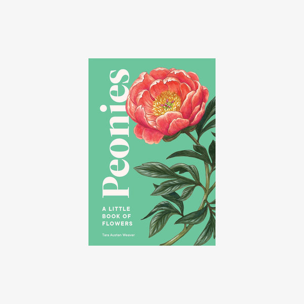 Green front cover of book titled 'peonies: little book of flowers' on a white background