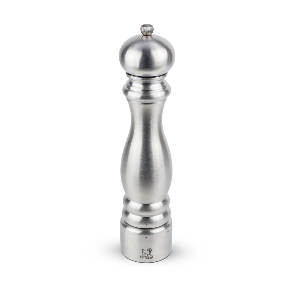  Peugeot brand 12" Stainless steel finish pepper mill on a white background
