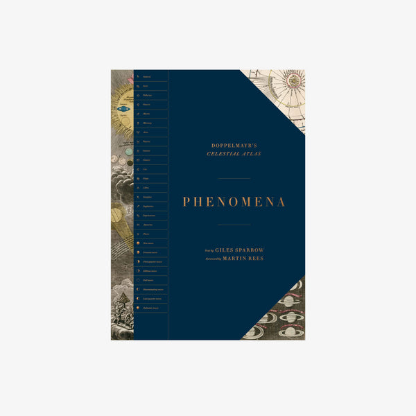 Blue and gold front cover of book Phenomena: Doppelmayr's Celestial Atlas on a white background