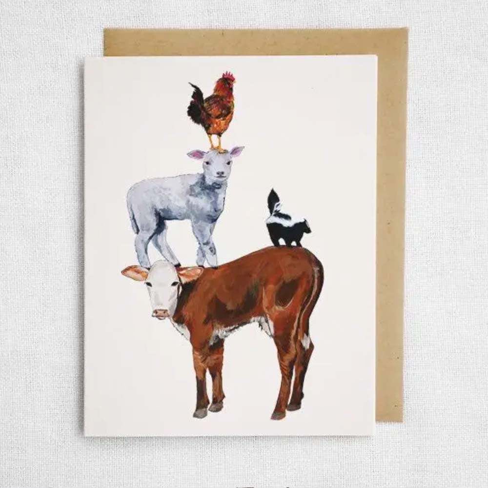 Greeting card with cow, lamp, rooster and skunk on a white background