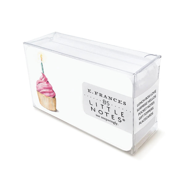 E francés brand little note cards with pink cupcake in clear box on a white background