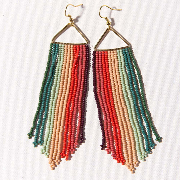 INK + ALLOY Pink Port Mint Teal Stripe Fringe On Triangle Earring on a white background