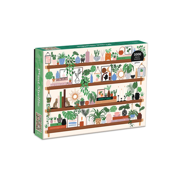 Box for puzzle titled 'plant shelfie' with illustrated shelves with plants and decorative items on a white background