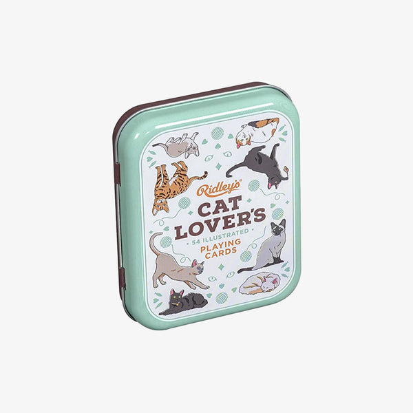 Tin of Cat Lover's Playing Cards with illustrated cats on each card on a white background