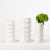 Three Stephanie Grace ceramics polka dot vases together on a white background with greenery 