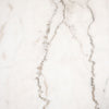 Close up of marble on Four hands brand Powell dining table with black tulip base and white marble top