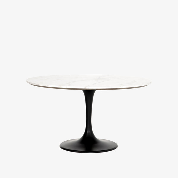 Four hands brand Powell dining table with black tulip base and white marble top