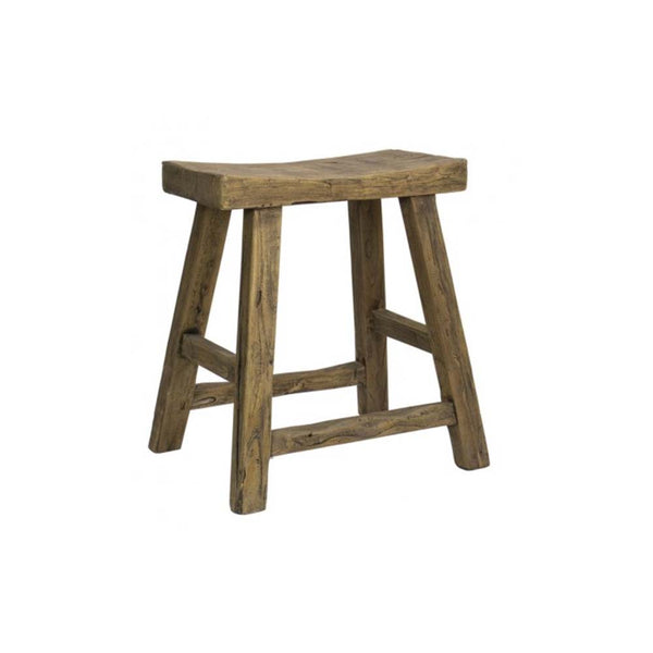 Rustic shaker style stool with saddle seat on a white background