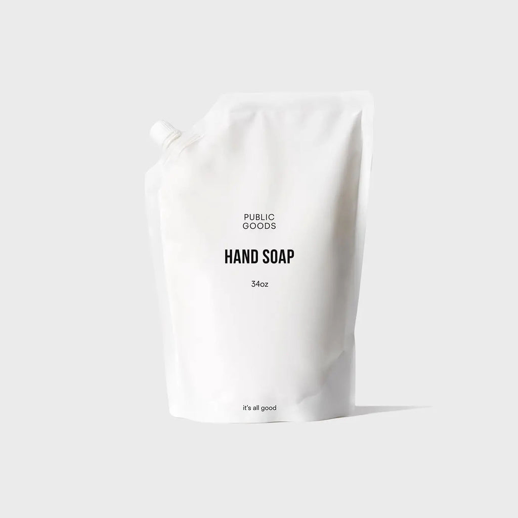 Public goods white bag of hand soap refill on a white background