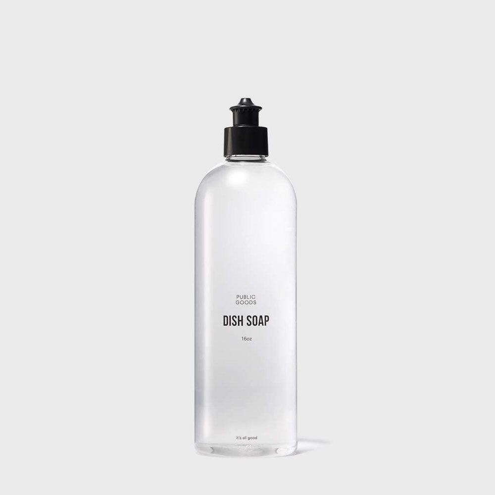 Public goods dish soap bottle with black top on a white background