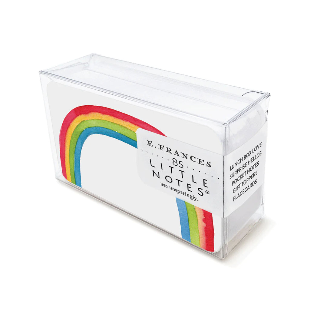 E francés brand little note cards with rainbow in clear box on a white background