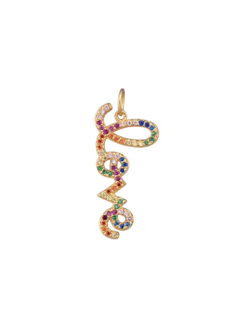 Scream Pretty brand love charm with rainbow colored stones on a white background 