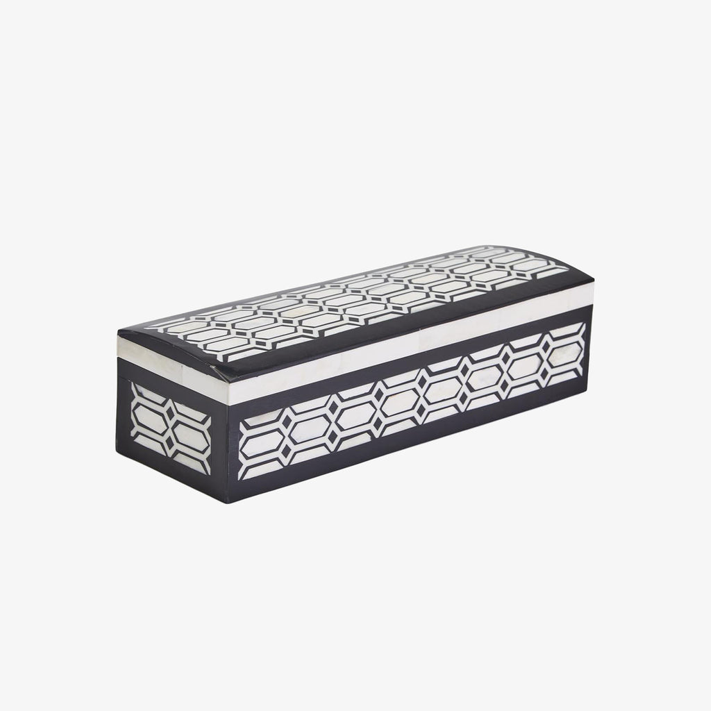 Black and white bone inlay box with domed top on a white background