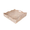 Square whitewashed rattan tray with scallop edge and two handles on a white background