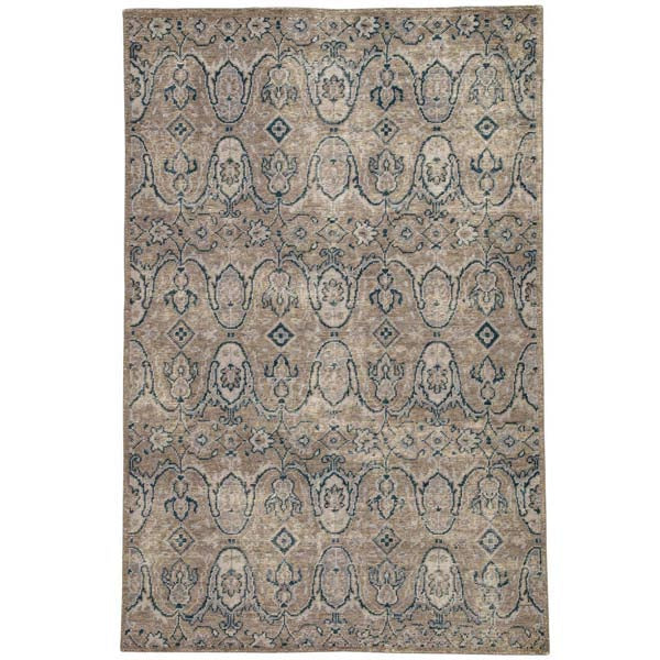 Jaipur living REVOLUTION - REL06 rug with light brown background and blue baroque inspired pattern on a white background