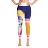 Model wearing Dolly Parton purple and yellow après ski yoga leggings by Shannon Hemm on model with white background