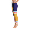 View from side of model wearing Dolly Parton purple and yellow après ski yoga leggings by Shannon Hemm on model with white background