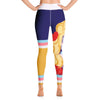 View from back of Model wearing Dolly Parton purple and yellow après ski yoga leggings by Shannon Hemm on model with white background