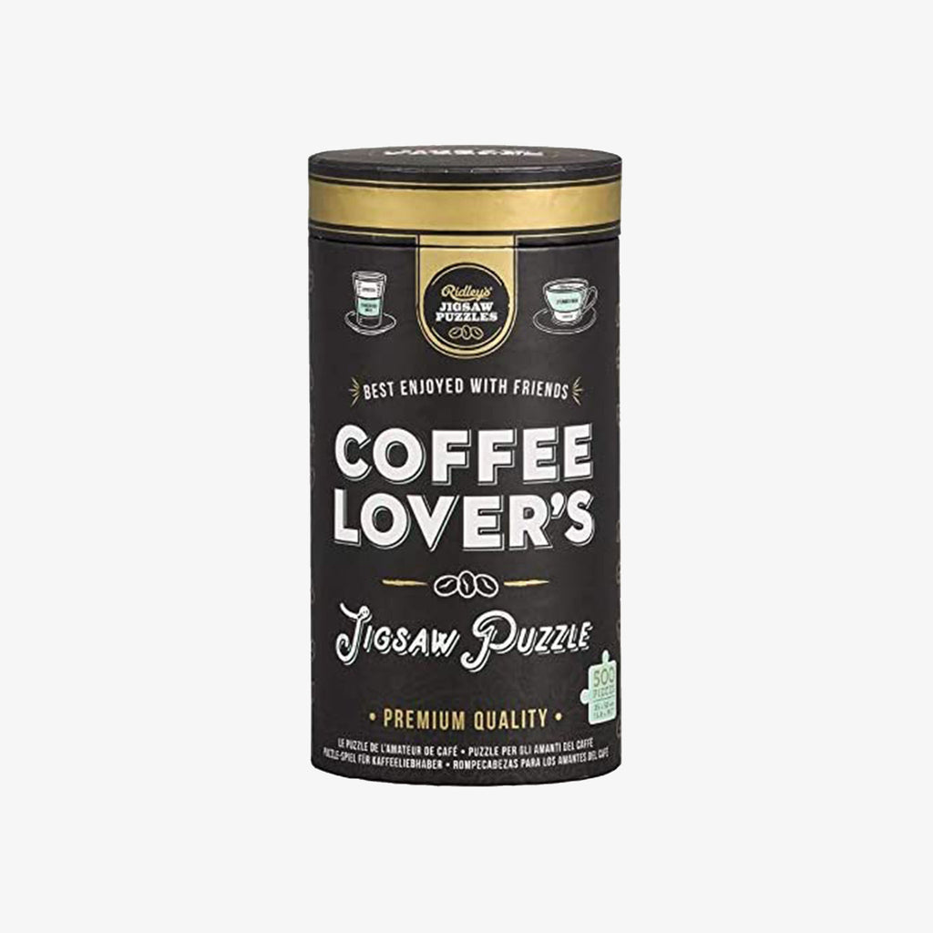 Coffee Lover's jigsaw puzzle in cardboard tube with black and white label on a white background