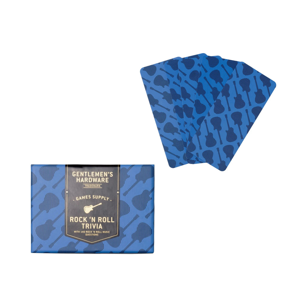 Rock 'n roll trivia blue box with cards on a white background