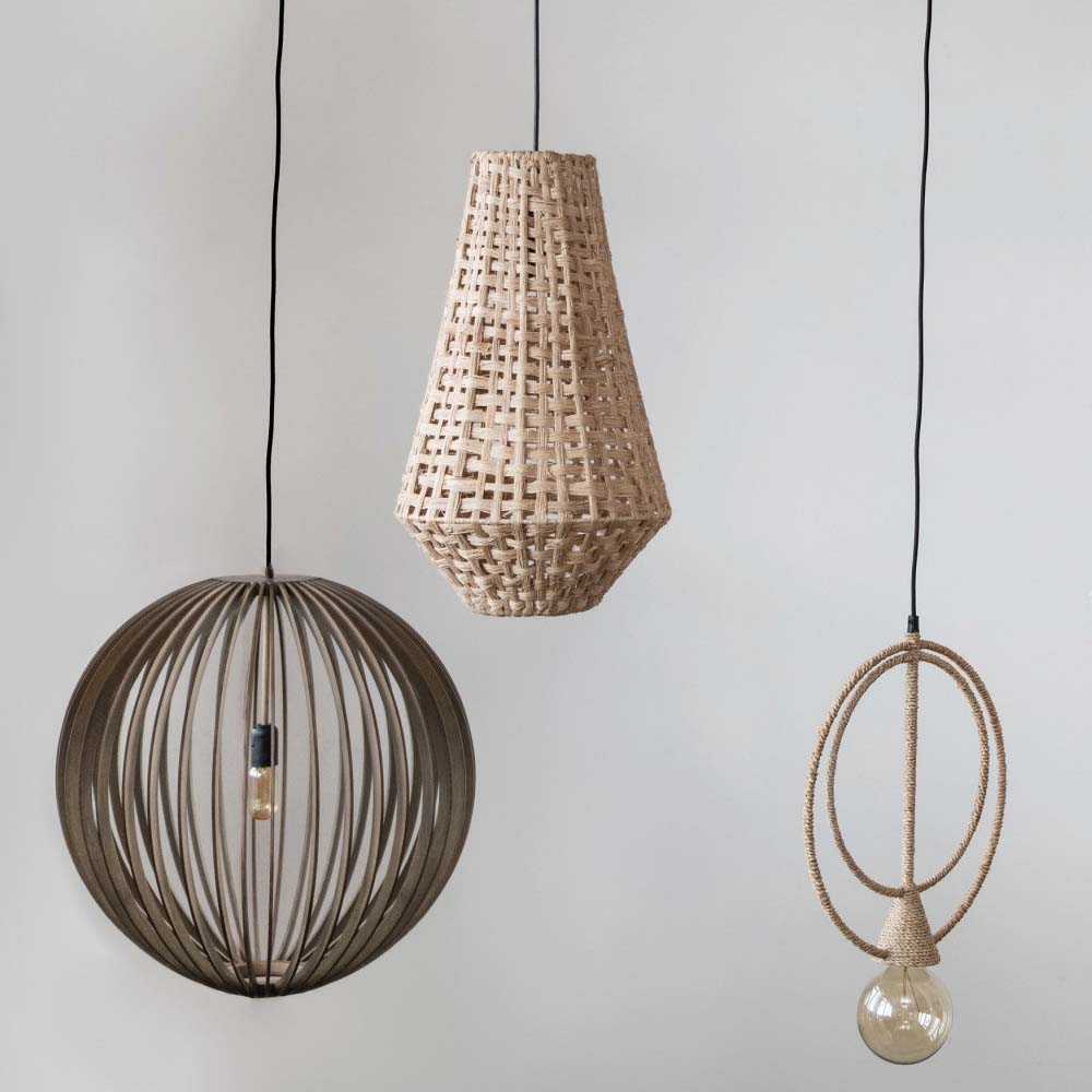 Wood slatted pendant light with grey finish and next to rattan pendant and modern exposed bulb pendant on a grey background