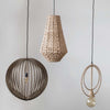 Wood slatted pendant light with grey finish and next to rattan pendant and modern exposed bulb pendant on a grey background