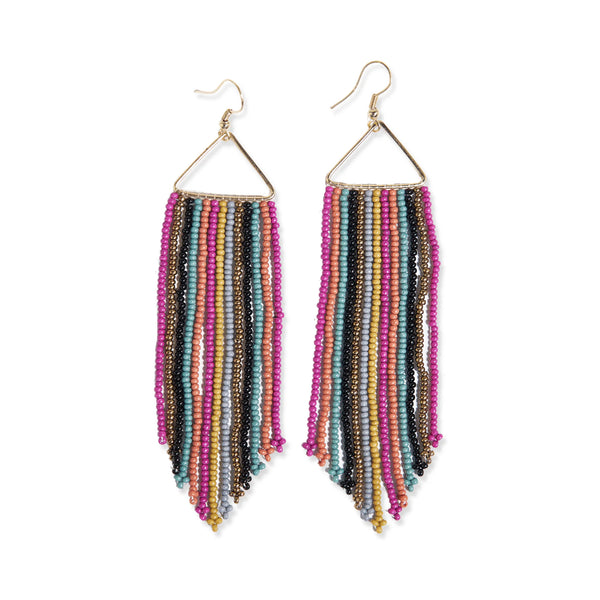 Ink and Alloy brand beaded 'Emilie' earrings in muted rainbow stripe on a white background