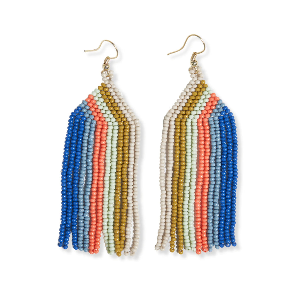 Ink and Alloy brand 'Dolly' stripe beaded earrings in blue and coral on a white background