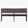 Back of Four hands furniture brand washed velvet dining bench with grey fabric seat and dark wood legs on a white background