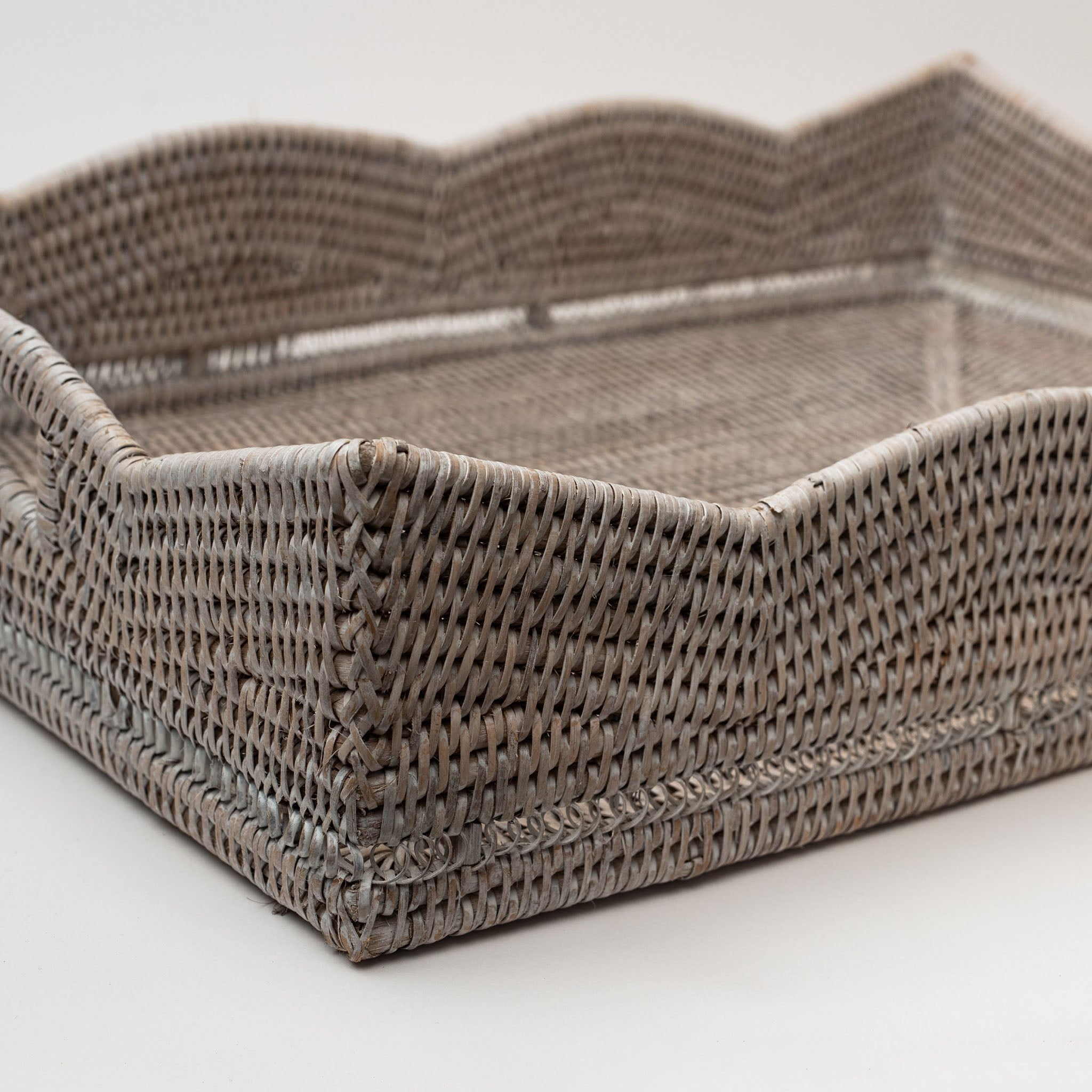 Square Scallop Rattan Tray in Whitewash - Addison West 