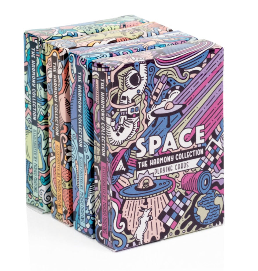 Set of 'The harmony collection' space air land and sea playing cards by Art of Play on a white background