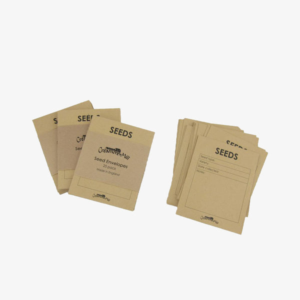 Brown manila seed envelopes by Creamore Mill on a white background