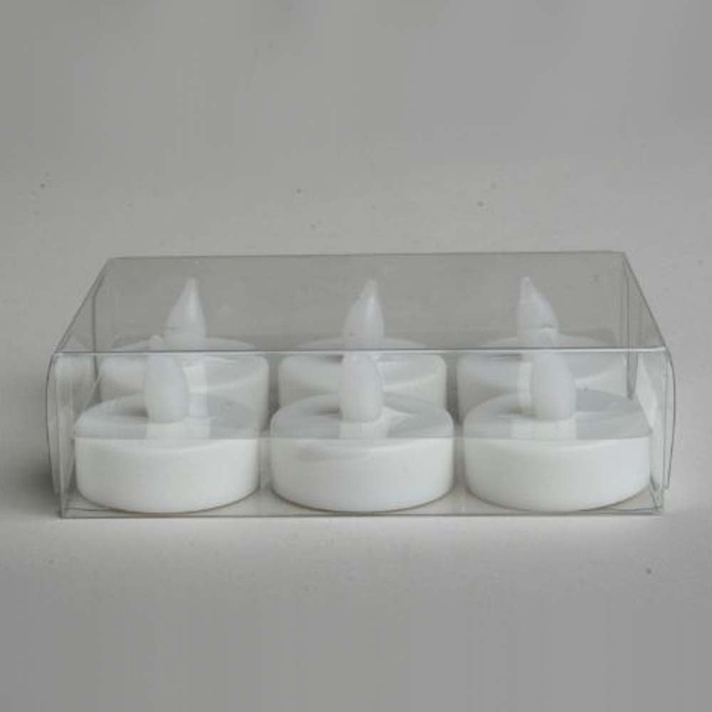 Set Of 6 White LED Tealights in a clear plastic box on a white background
