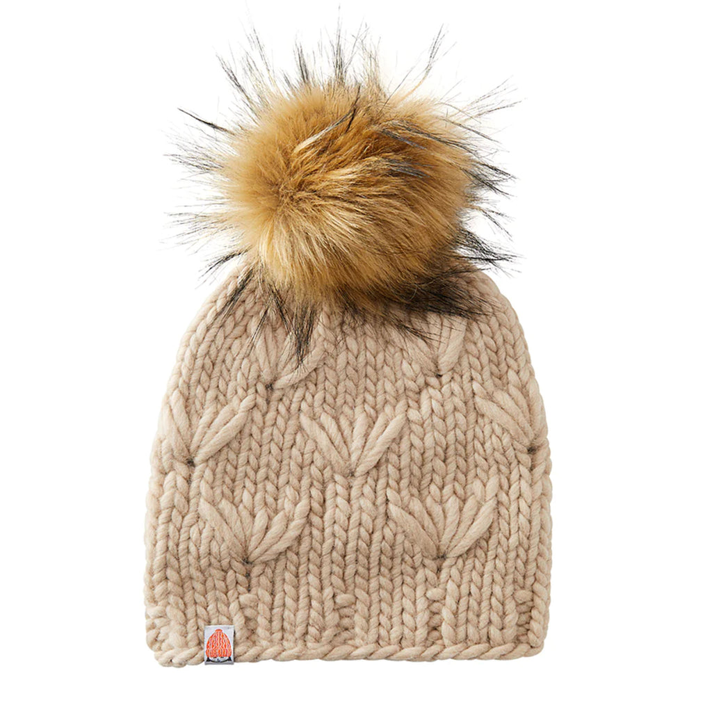 Shit that I knit brand motley beanie in camel on a white background
