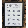 Framed poster of vermont long trail shelters hanging in front of wood