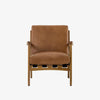 Four hands brand Silas arm chair with wood frame and patina copper leather cushions on a white background