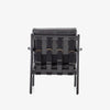 Back strapping on Four hands brand Silas arm chair with black wood frame and black leather cushions on a white background