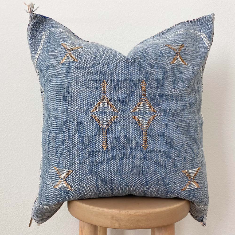 Blue square cactus silk sabra pillow with embroidery
