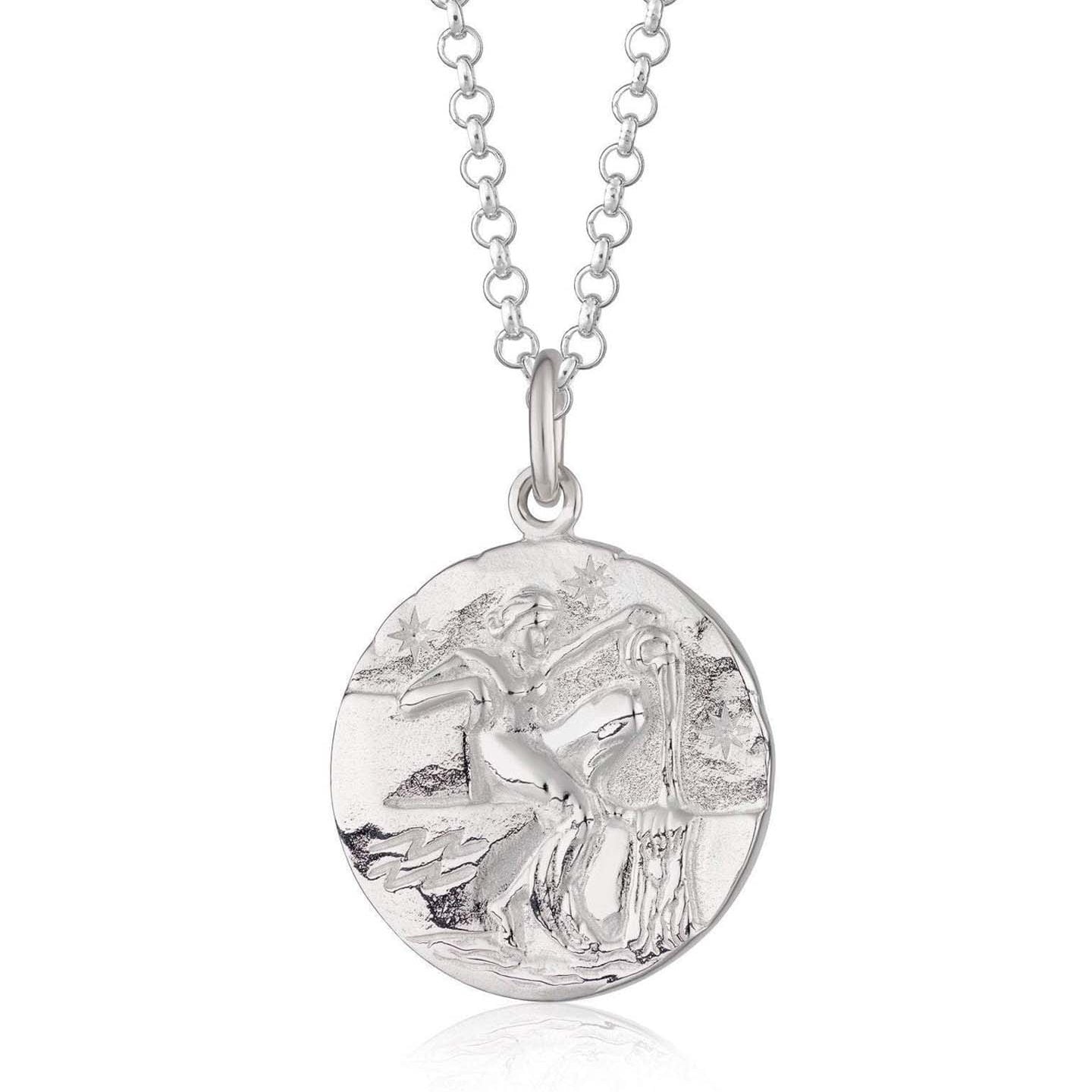 Scream Pretty brand silver Aquarius zodiac star sign necklaces on a white background