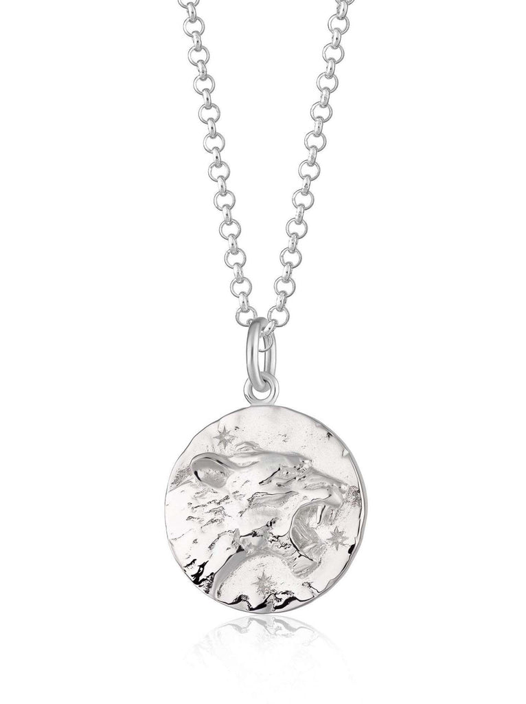 Scream Pretty brand silver Leo zodiac star sign necklaces on a white background