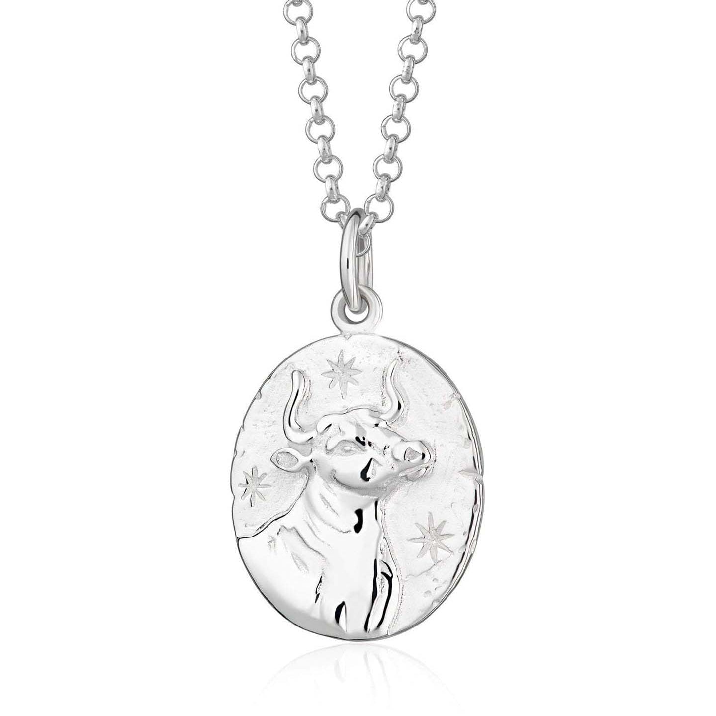 Scream Pretty brand silver Taurus zodiac star sign necklaces on a white background