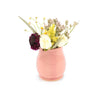 Small pink ceramic vase with flowers on a white background