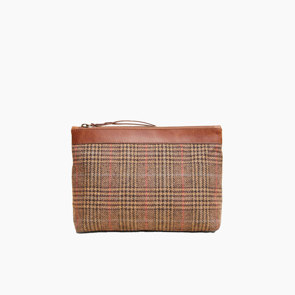 Plaid and wood clutch by Able on a white background