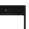 Close up of black single drawer 'Soto' end table by four hands furniture on a white background