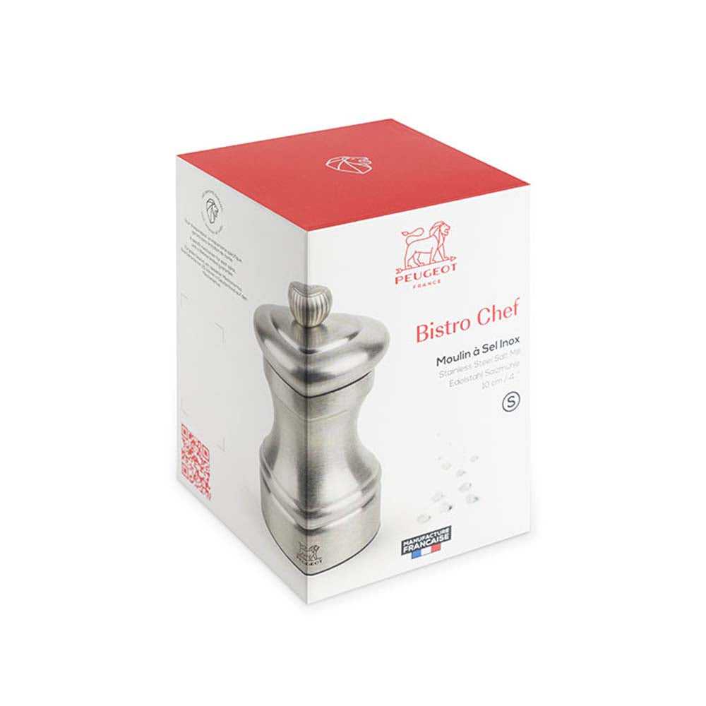 Box for Peugeot Paris brand Stainless Steel Bistro Salt Mill on a white background 