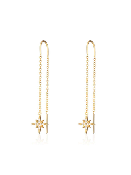 Scream Pretty brand starburst threader earrings in gold on a white background